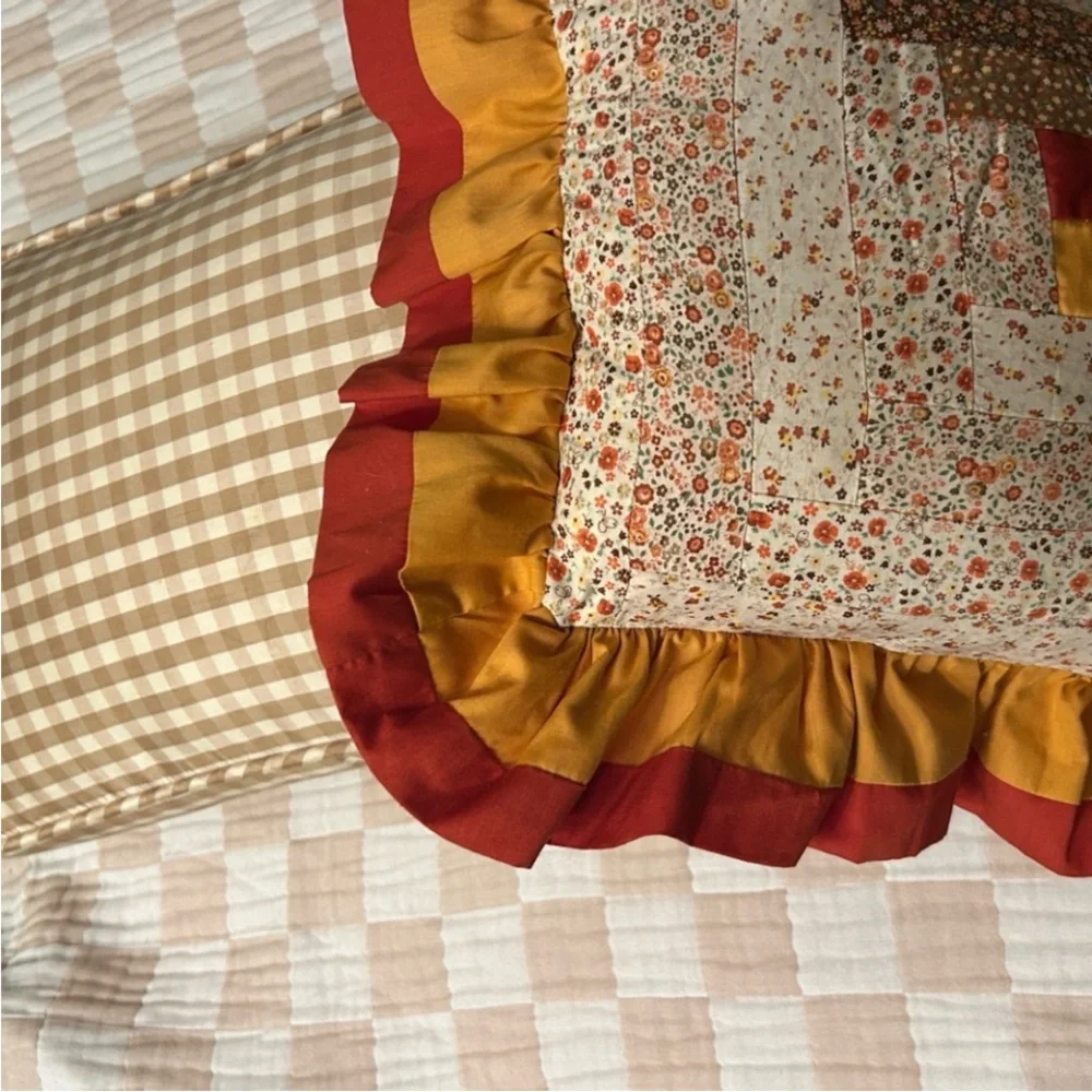 Gingham Beige + White Quilt Throw Size New Prewashed Hand Crafted Medium Check